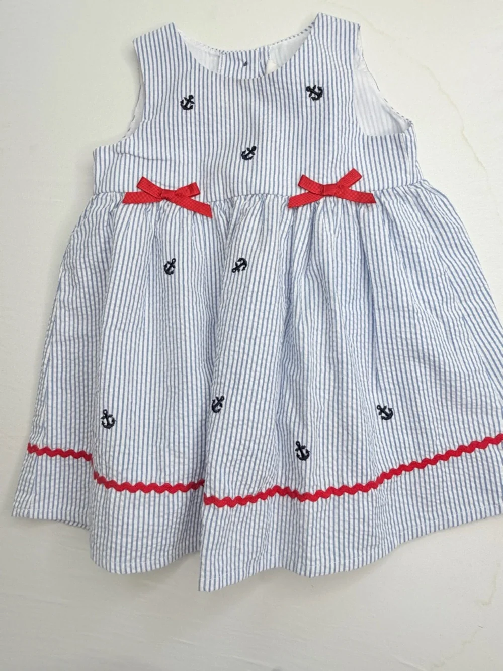 STARTING OUT Blue Striped Seersucker Nautical Embroidered Anchor Dress Sz 18 Mos